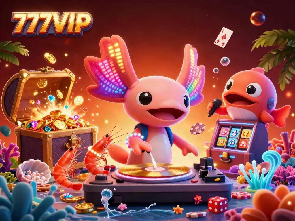 Experience the vibrant energy of 777VIP with a DJ axolotl and playful sea creatures in an underwater casino.