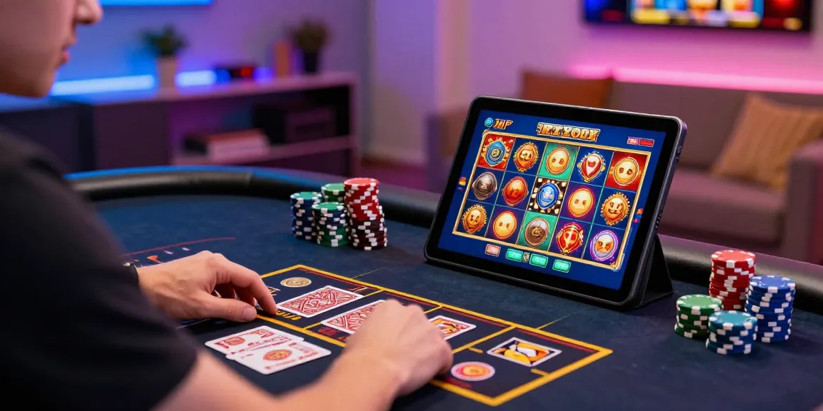 Exciting gaming scene at casinos that take credit cards, featuring a player enjoying online slots on a tablet.