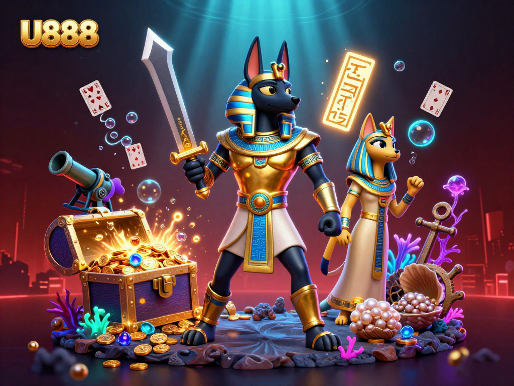Engage with U888's vibrant casino underwater adventure featuring Anubis and Bastet surrounded by treasures and glowing elements.