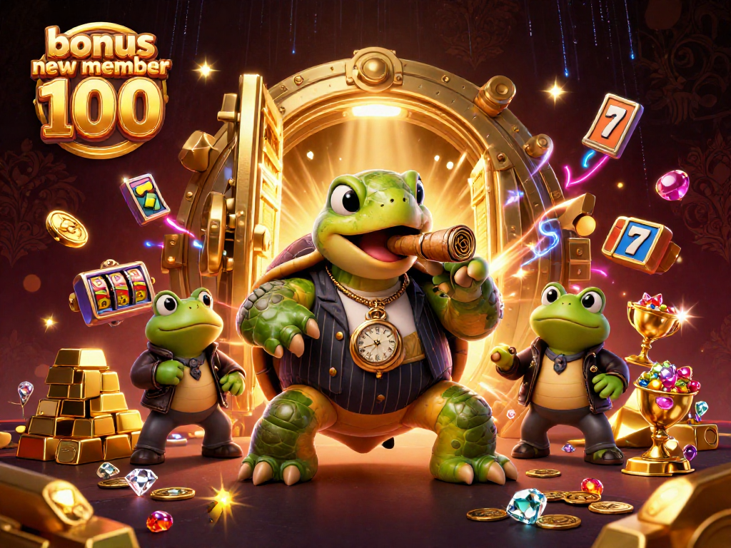Win big with bonus new member 100 in this vibrant casino scene with colorful slot reels and treasures.