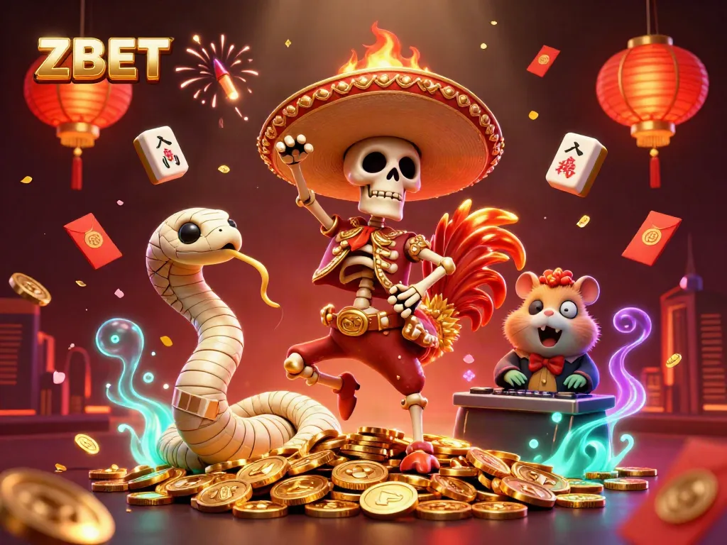 Engage in thrilling wins at ZBET with vibrant characters amidst golden coins and festive elements.
