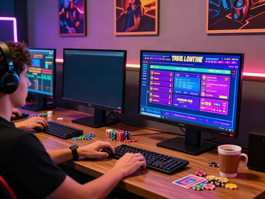 Engaging togel online gaming scene with vibrant digital devices and interactive interface.