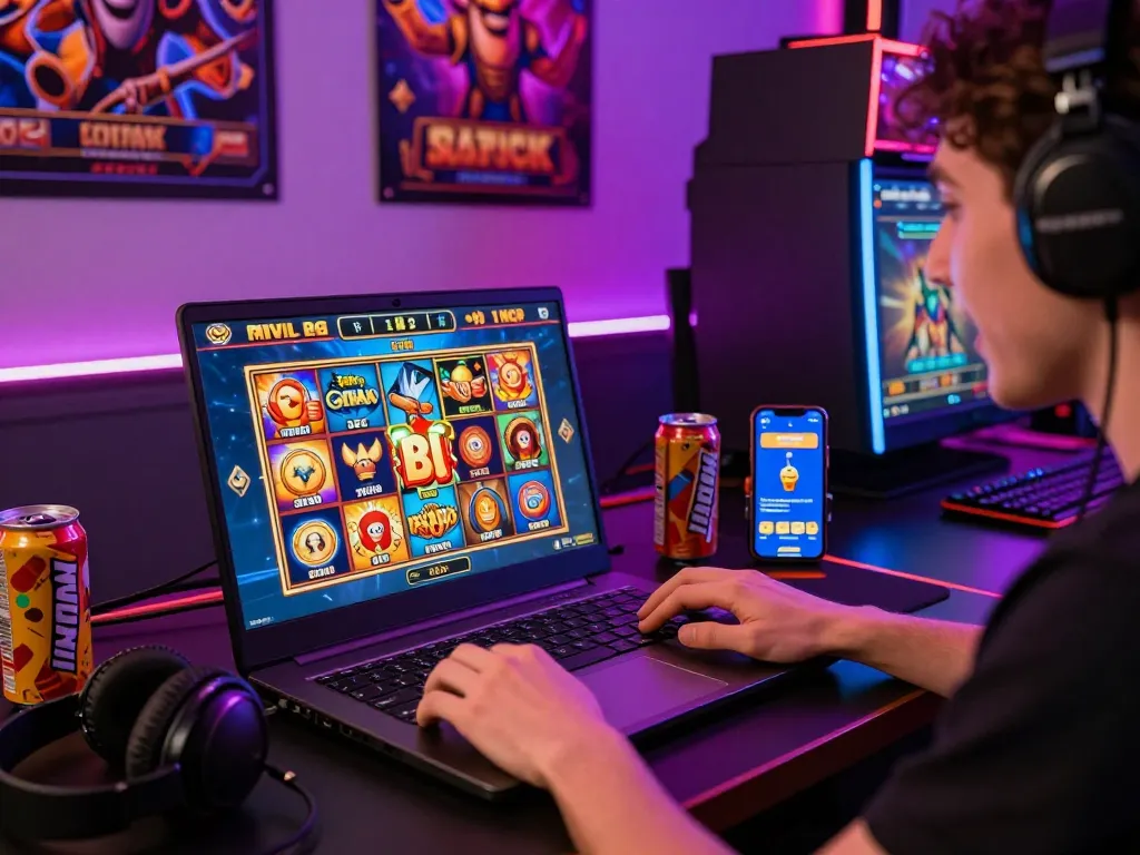 Suasana permainan yang menarik dengan seseorang bermain slot online link gacor, grafis yang cerah, dan makanan ringan.