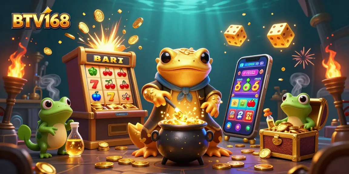 BTV168 features an energetic scene with a golden salamander alchemist and casino gaming elements.