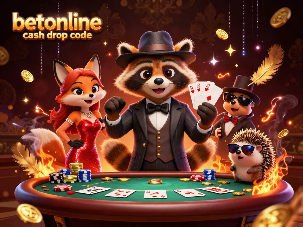 Engage with the betonline cash drop code in this vibrant 3D casino illustration showcasing a raccoon holding a royal flush.
