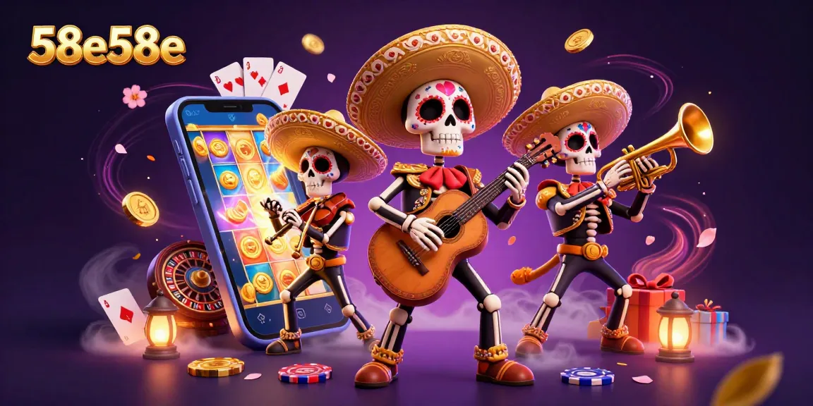 Engage with the 58e58e gaming scene featuring vibrant mariachi skeletons amidst energetic slot game elements.