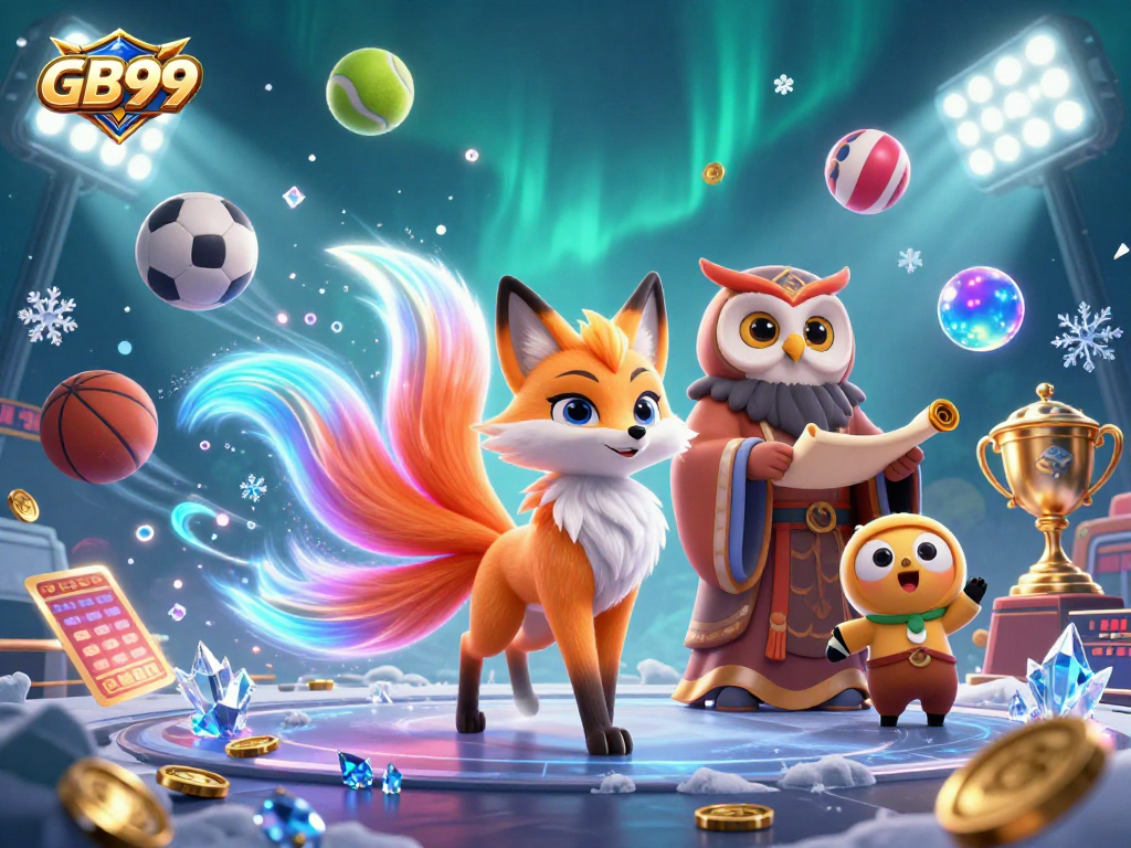 Experience the thrilling gaming world of GB99 with vibrant spirit characters amidst dynamic sports elements.