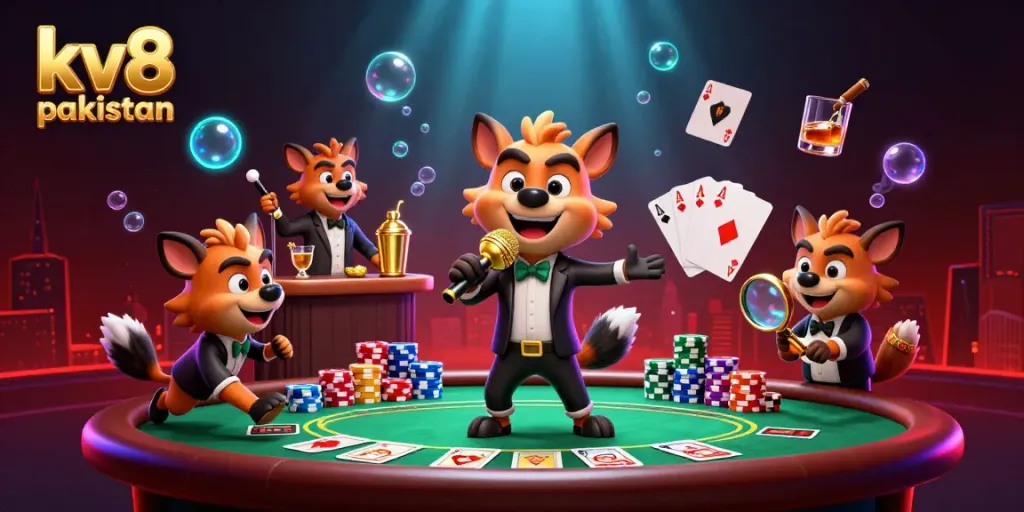 Engage with kv8 pakistan through a lively 3D cartoon scene of hyenas hosting a casino with games and fun