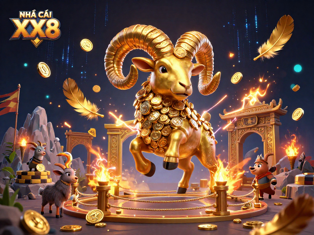 Engage with the vibrant NHÀ CÁI XX8 scene featuring a golden ram and casino elements.