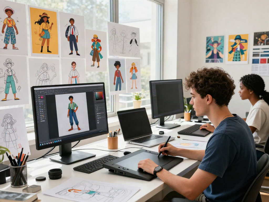 Creative workspace using a consistent character generator for character design with diverse artists.