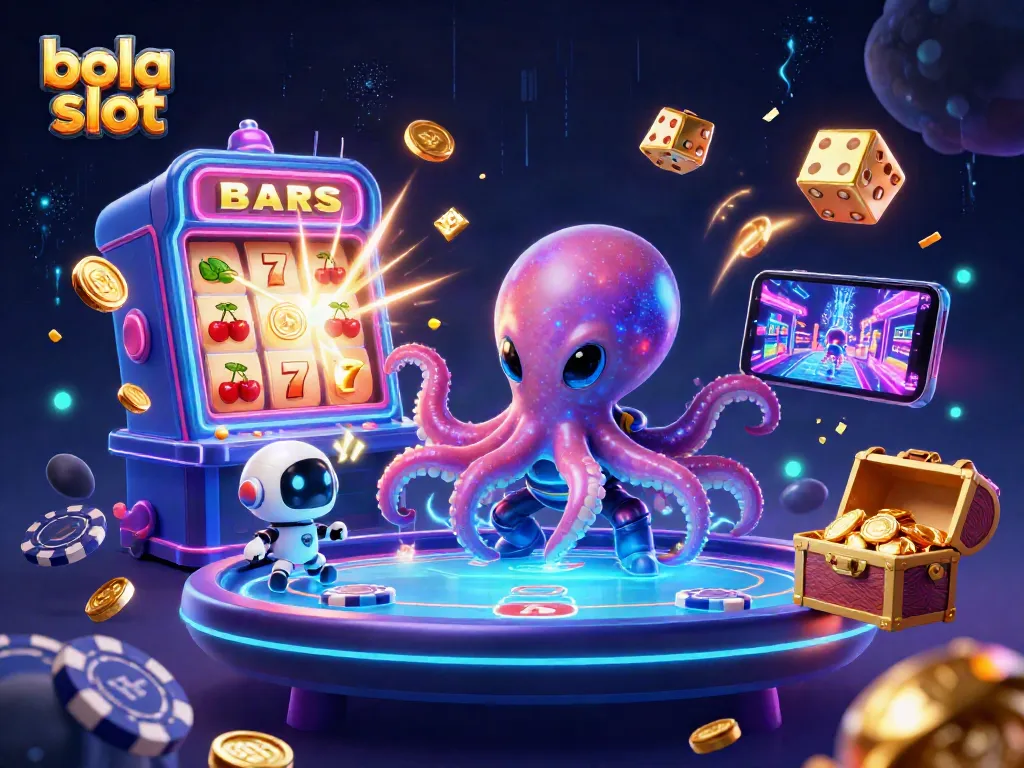 Experience the excitement of bola slot with a vibrant 3D cartoon scene featuring an alien octopus and jackpots.