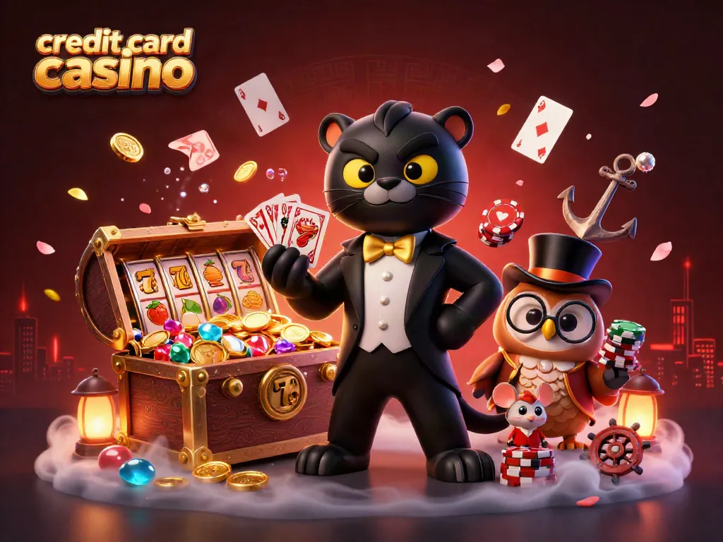 Experience the excitement of a credit card casino with a stylish panther dealer surrounded by characters and vibrant game elements.