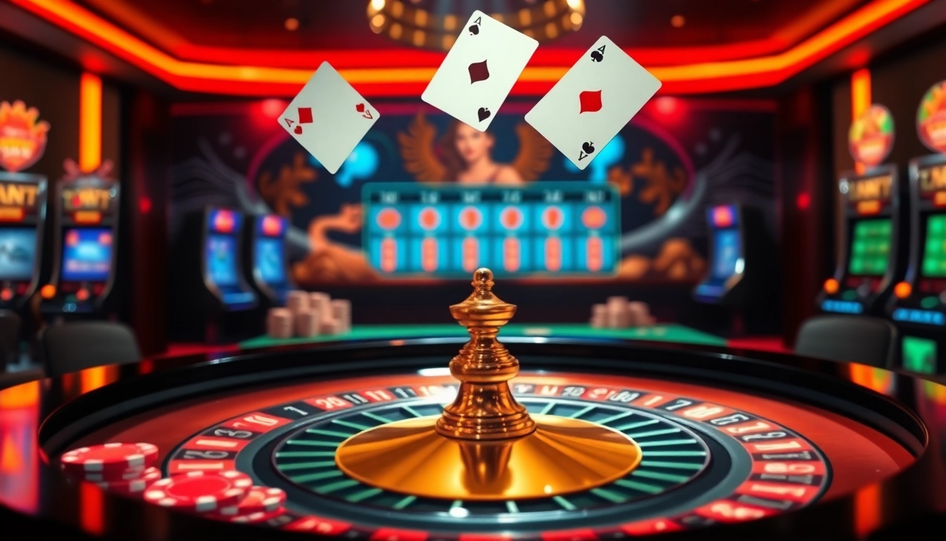 Ressentez l'excitation d'un site de casino en ligne avec une élégante table de roulette, des jetons de poker vibrants et des cartes flottantes.