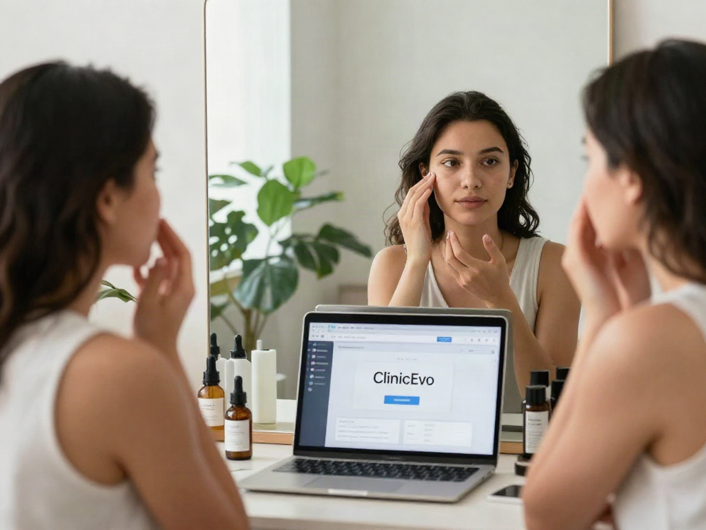 Person analyzing facial features using ClinicEvo is a better alternative to QOVES in a beautifully lit vanity space.
