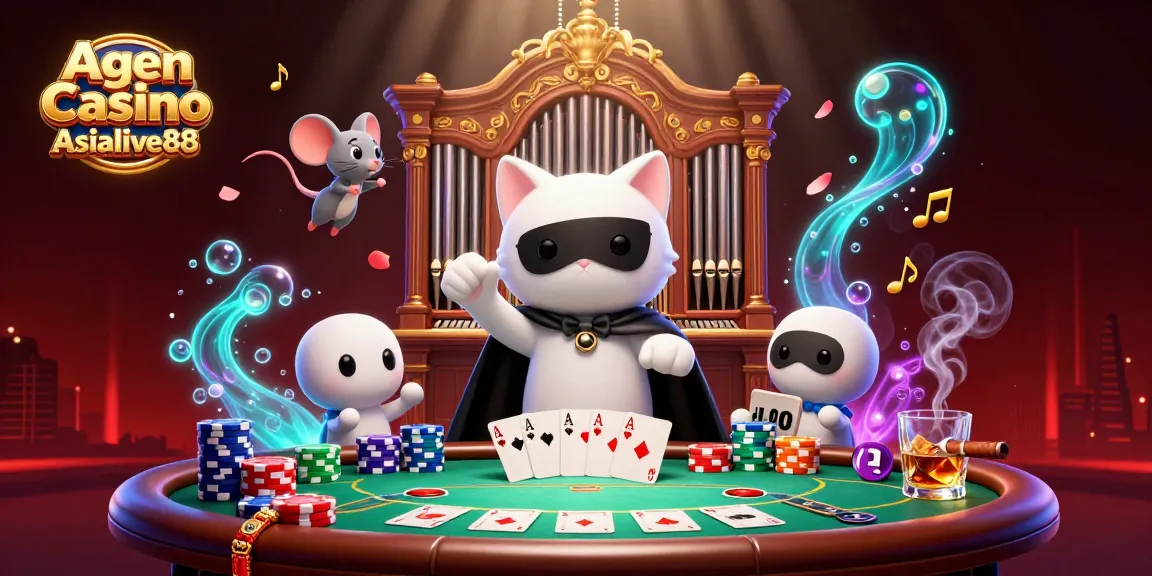 A thrilling scene featuring Agen Casino Asialive88 with a masked cat playing an organ, vibrant with poker elements