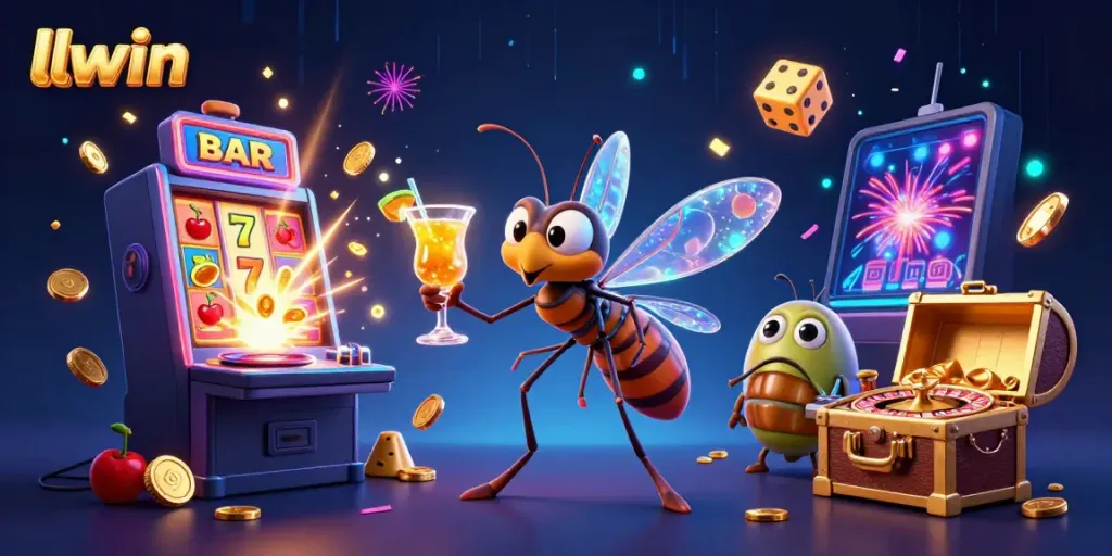 Experience the excitement of llwin with a mascot bringing casino fun alive in a vibrant scene.