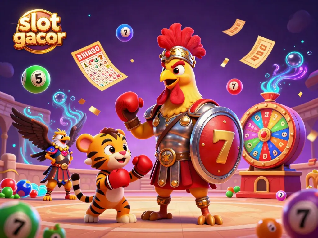 Engage with slot gacor through vibrant visuals of a gladiator rooster battling alongside a tiger cub.