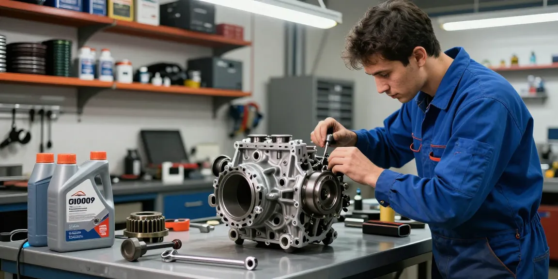 Mechanic inspecting a CD009 transmission in an automotive workshop