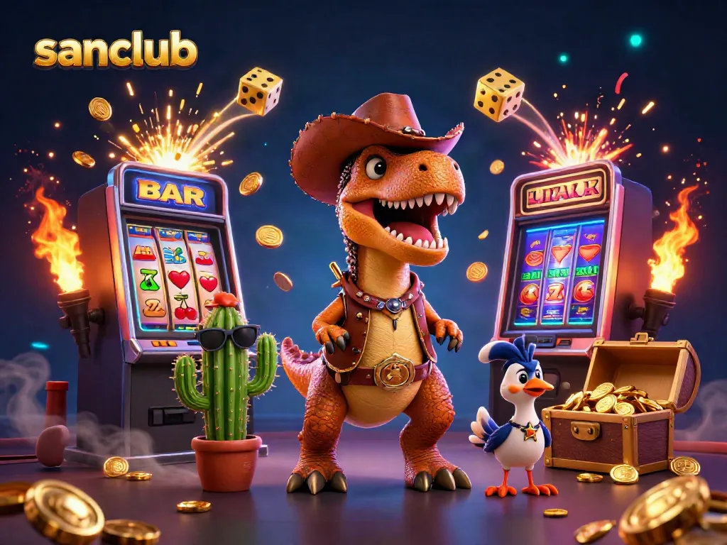 Experience thrilling winnings with sanclub via a vibrant casino-themed 3D illustration showcasing unique characters.