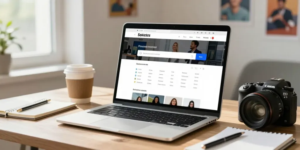 On the website poshuk.info, user navigates a digital service directory in a modern workspace.