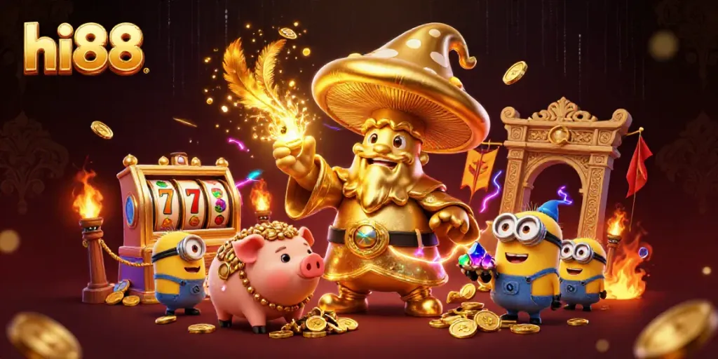 Engage in vibrant HI88 online gaming featuring a golden mushroom wizard, treasure, and dynamic slot elements.