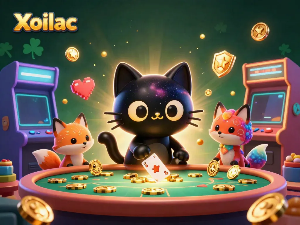Xoilac engages players at a cosmic casino table with glowing elements and vibrant characters for an exciting gaming experience.