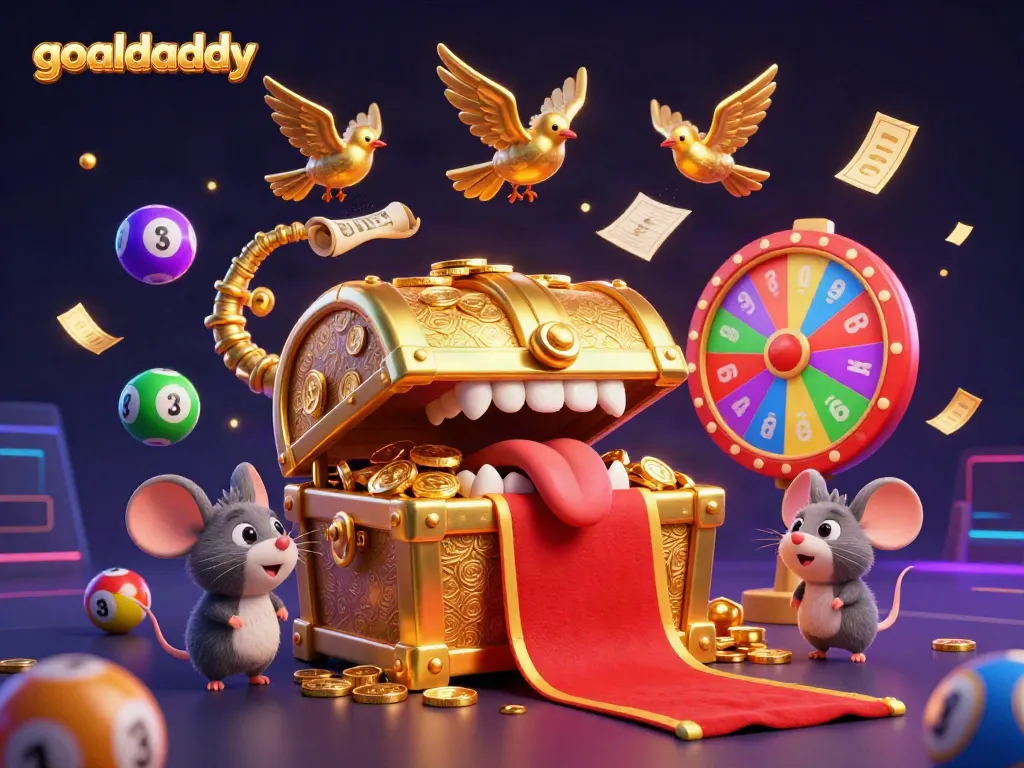Engaging scene of goaldaddy treasure chest mimic enticing adventurer mice, surrounded by vibrant lottery elements.
