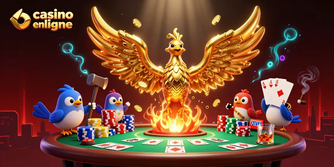 Jouez à des casinos en ligne avec des phoenix dorés et des jetons de poker dynamiques.