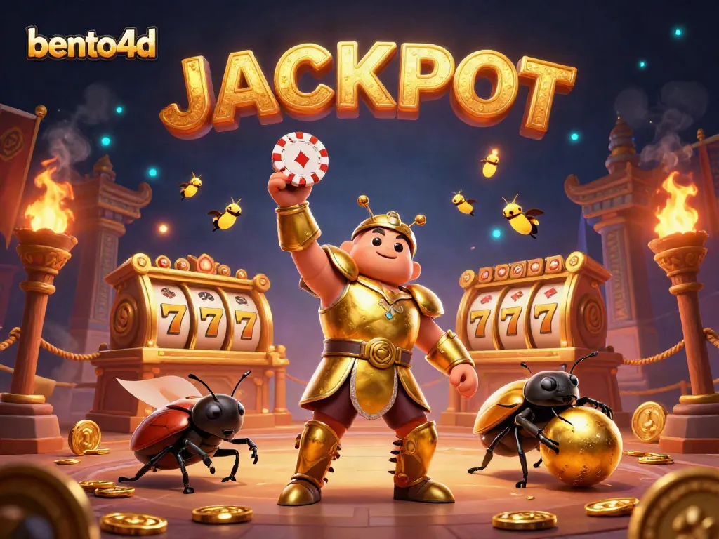 Experience the thrill of bento4d with a victorious beetle lifting poker chips amidst jackpot symbols.