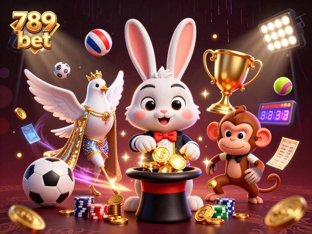 Experience excitement with 789 bet as a magician rabbit conjures golden coins amidst thrilling sports betting elements.