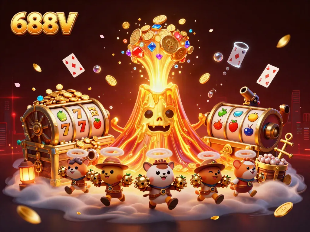 Experience thrilling moments at 688V with a captivating volcano scattering treasure amidst casino symbols.