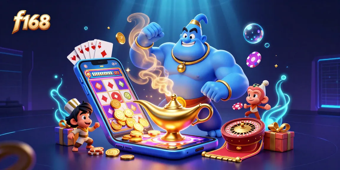 Experience thrilling f168 gameplay with a lively genie, poker chips, and dynamic slot visuals.