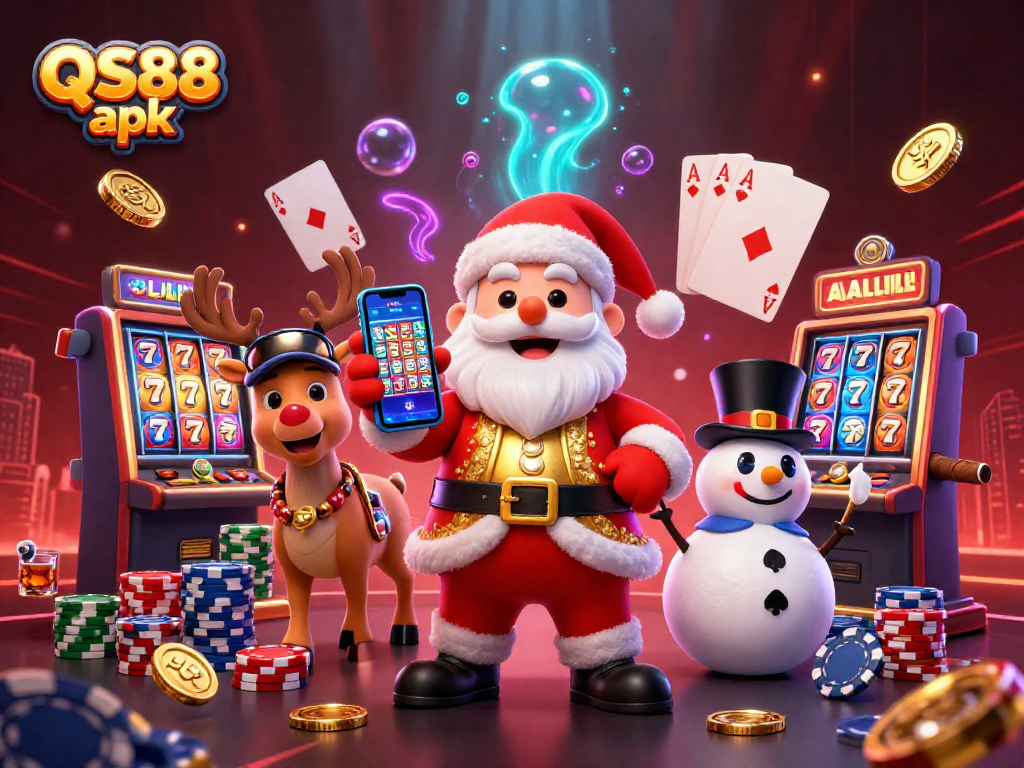 Enjoy the exciting slots experience with QS88 apk, Santa Claus, and friends at the casino.