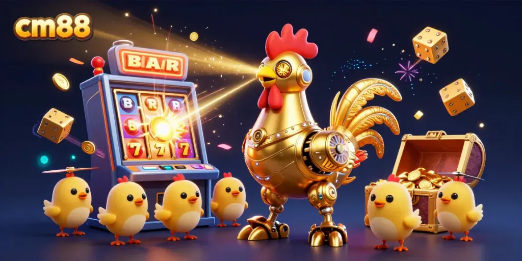 Experience the thrill of cm88 with a vibrant illustration of a golden rooster robot amidst a casino jackpot scene.