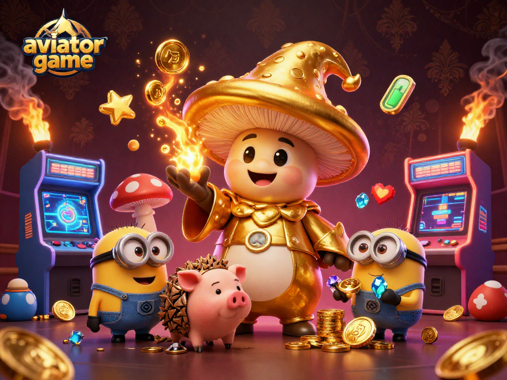 Engage in the thrilling aviator game as a golden wizard casts spore magic amidst vibrant gaming elements.