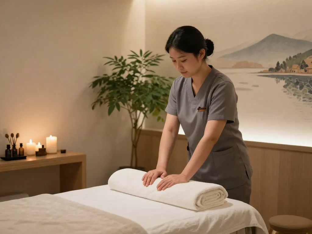 Relaxation room setup for 청량리출장마사지 featuring soothing decor and essential oils.