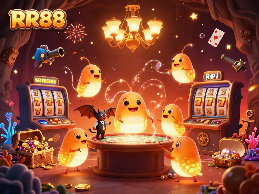 Experience the vibrant light show of RR88 with glowworms illuminating an exciting cave casino scene, featuring slots and treasure.