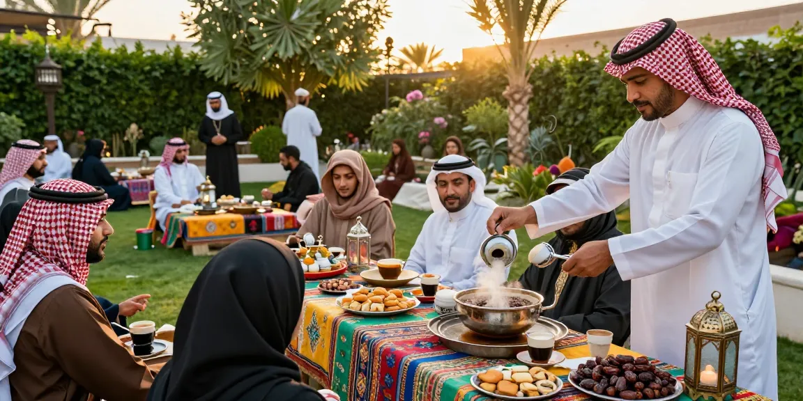 قهوجين وصبابين بالرياض يقدمون القهوة للضيوف في حديقة مزينة بأجواء احتفالية
