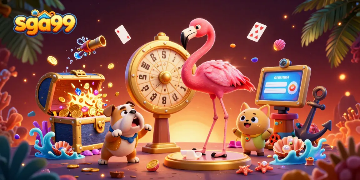 Experience thrilling wins with sga99 as a flamingo host spins the prize wheel in an exciting casino scene.