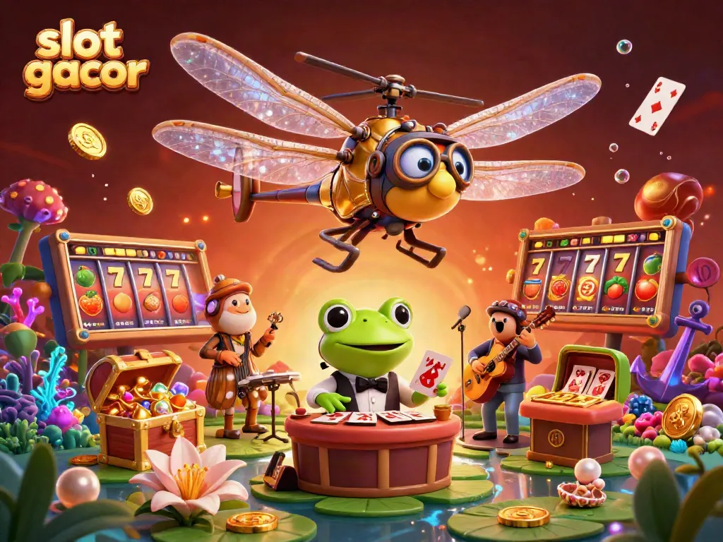 Engage with slot gacor action in a lively 3D casino scene filled with vibrant characters and slot elements.