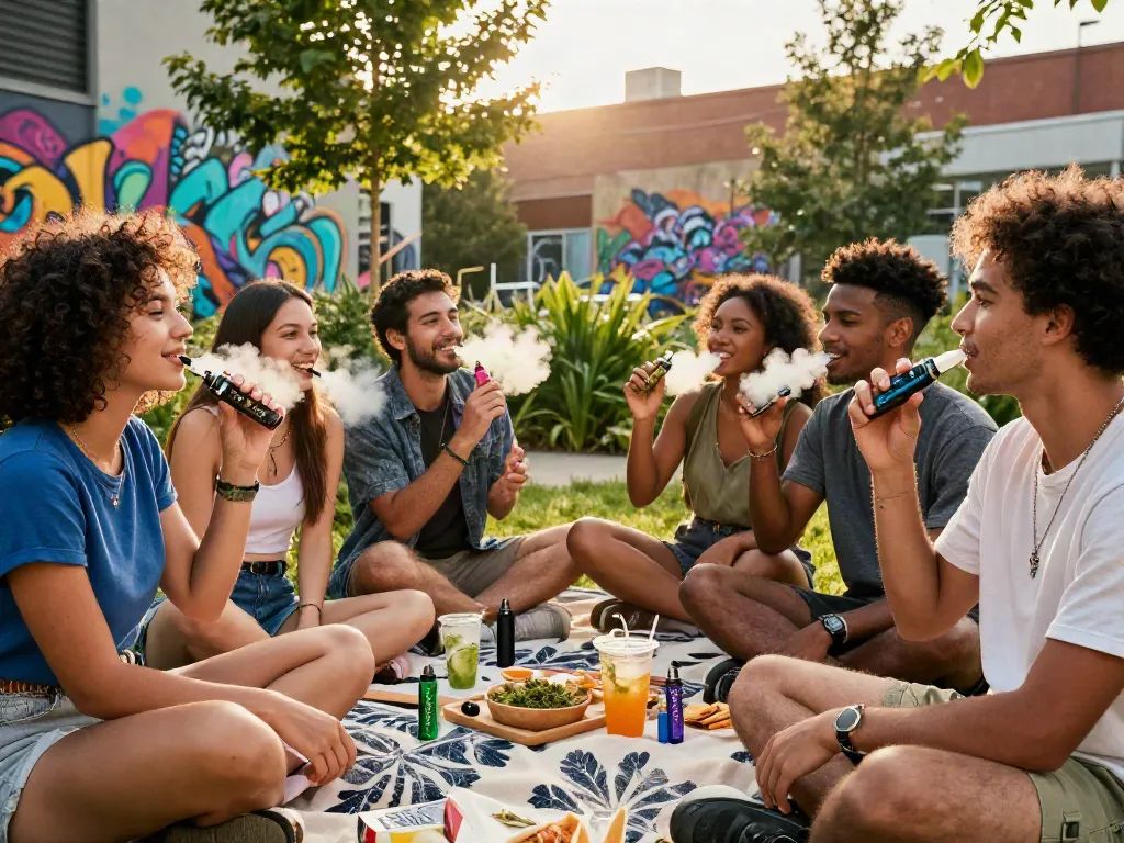 Friends enjoying Alien Labs Disposable vapes in a vibrant outdoor setting, highlighting cannabis culture and lifestyle.