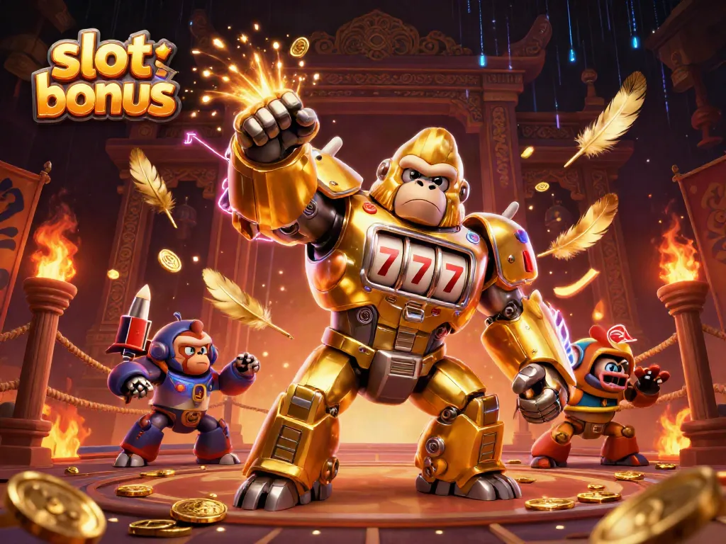 Experience thrilling slot bonuses as a golden gorilla mech launches victory coins amidst a vibrant casino scene.