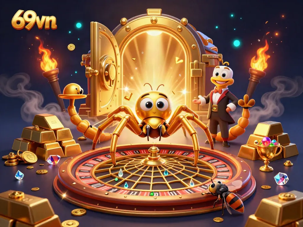 Engage with 69vn's thrilling golden roulette scene, featuring animated characters and vibrant treasures.