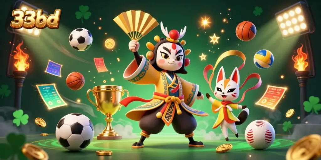 Engage in exciting gaming adventures with 33bd, showcasing vibrant casino elements and characters.