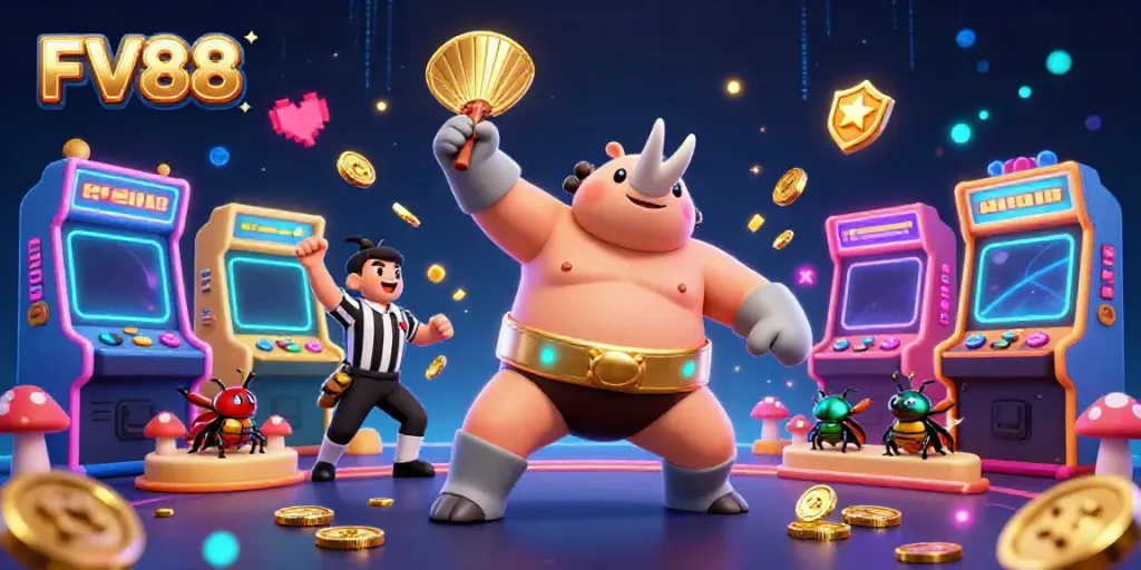 Join the FV88 action with a daring sumo champion beetle amidst dynamic gaming elements.