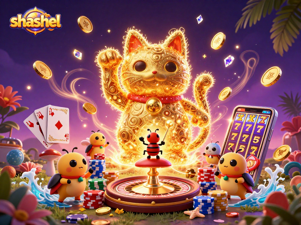 Witness shashel's vibrant casino scene with a lucky cat and dynamic game elements in stunning detail.