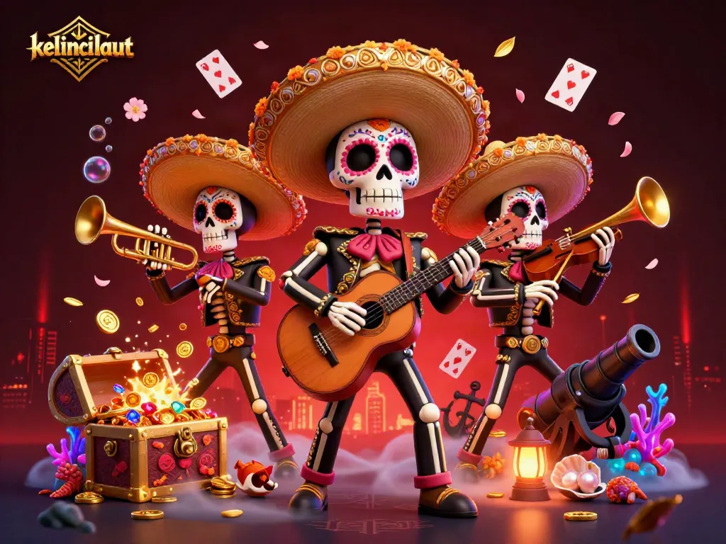 Experience the thrill of kelincilaut with a colorful mariachi band surrounded by casino treasures and vibrant game elements.