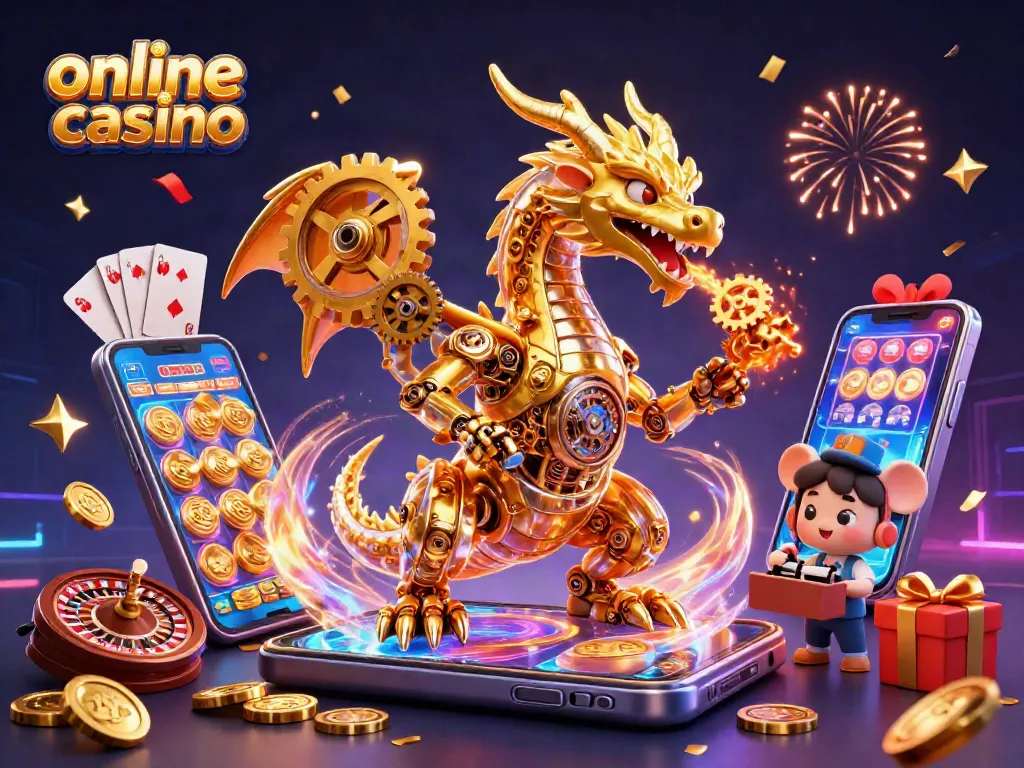 Juega en un emocionante casino online con un dragón dorado y juegos vibrantes.