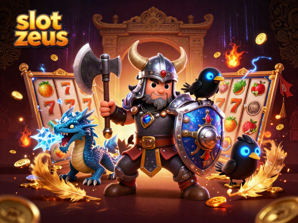 Spin slot zeus with a Viking warrior, fierce dragon, and glowing raven amidst gold coins.