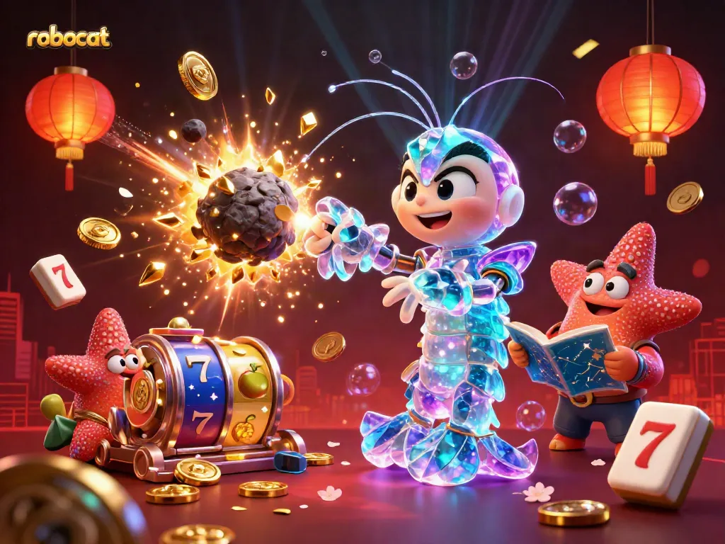 Enjoy thrilling slots action with robocat in a dynamic 3D casino scene of vibrant colors and exciting gameplay.